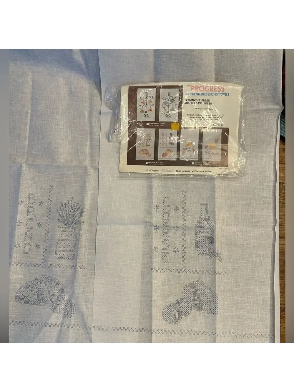 Vintage, Progress, one pair Stamped Kitchen Towels, 17x30”, + Embroidery Thread